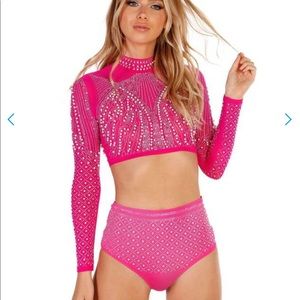 Long sleeve rhinestone rave outfit neon pink